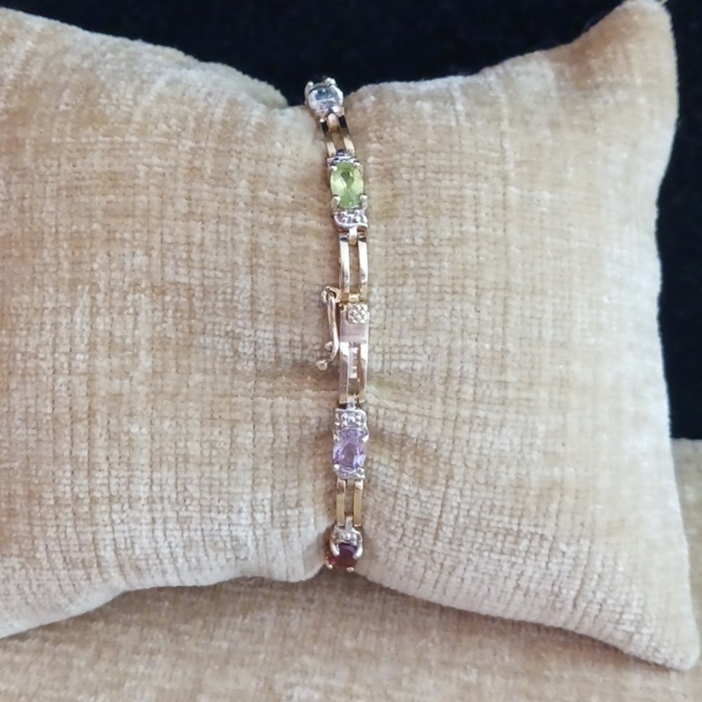 FAS 925 Gold Multi Colored Rhinestone Link Bracelet - Picture 2 of 7
